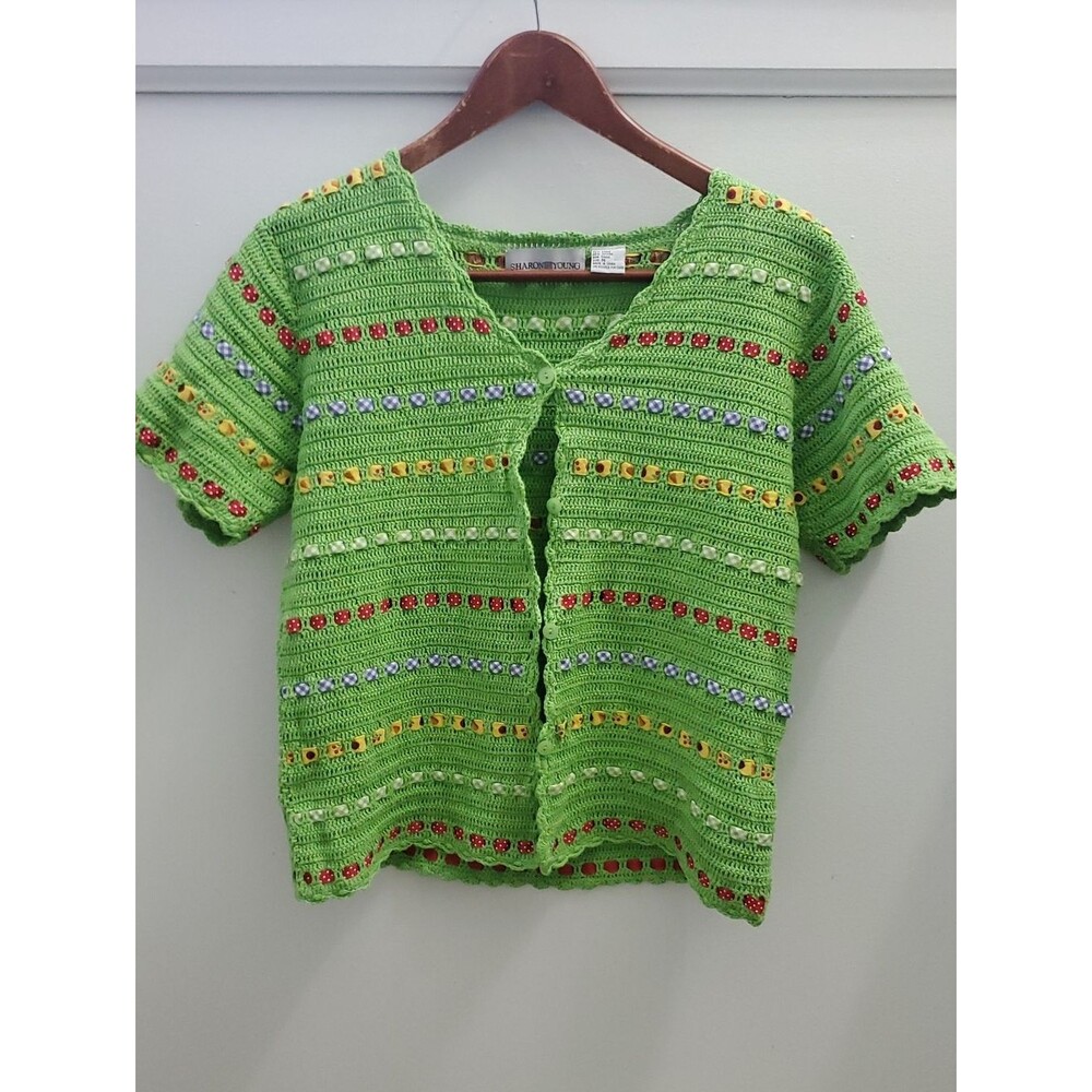 VTG Sharon Young Crochet Knit Cardigan With Ribbons Weaved Throughout Green Med.